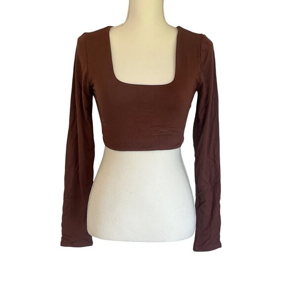 RE ONA Square Neck Crop Top in Chocolate Large New Womens Long Sleeve Blouse - Picture 4 of 8